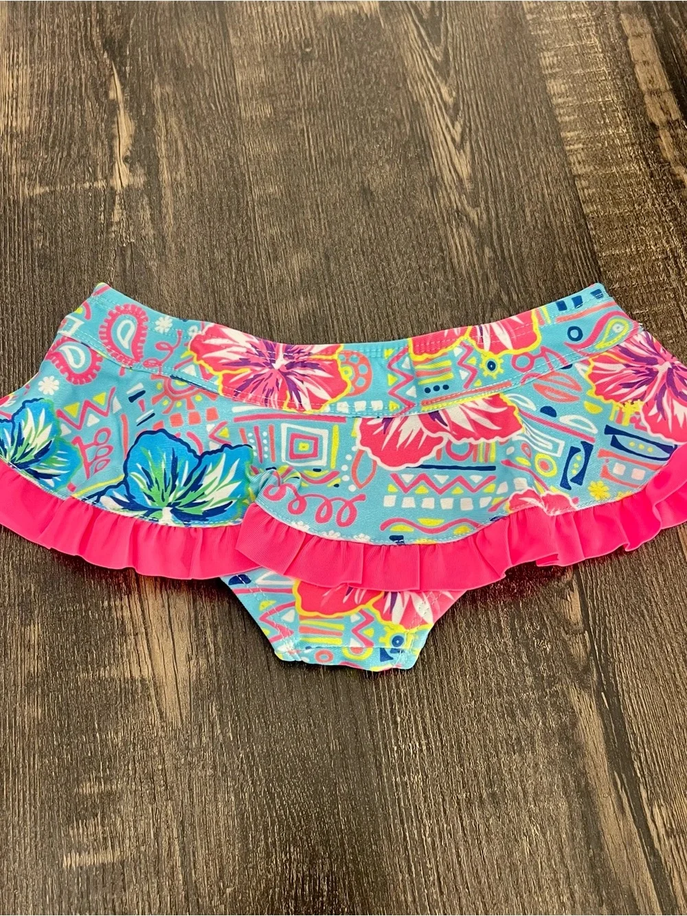 Ikali Girls Two-Piece Floral Ruffle Swimsuit in Aqua & Hot Pink Size 6Y BN